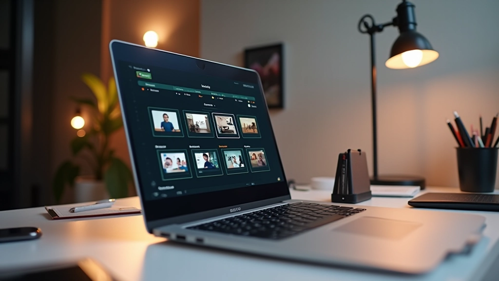 Laptopscherm met storyboard software en animatieframesl in tijdlijnweergave