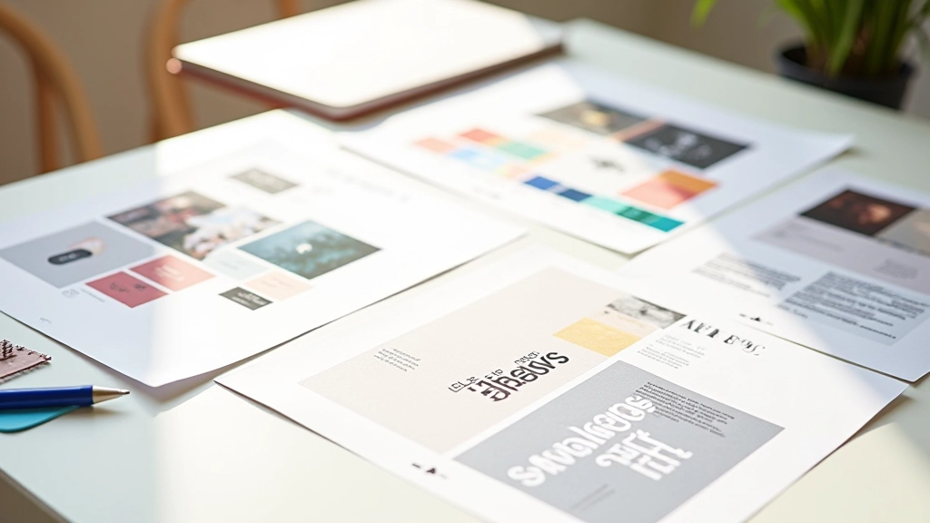 Moodboard met afbeeldingen, kleurenpalet en typografische samples op creatieve workspace