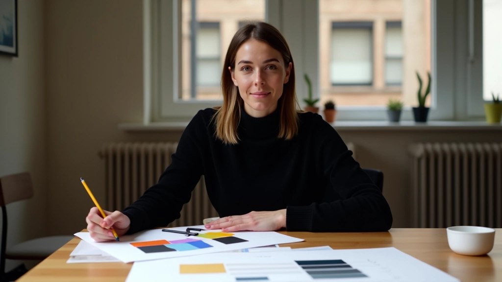 Designer aan bureau met schets en kleurstalen voor storyboard layout